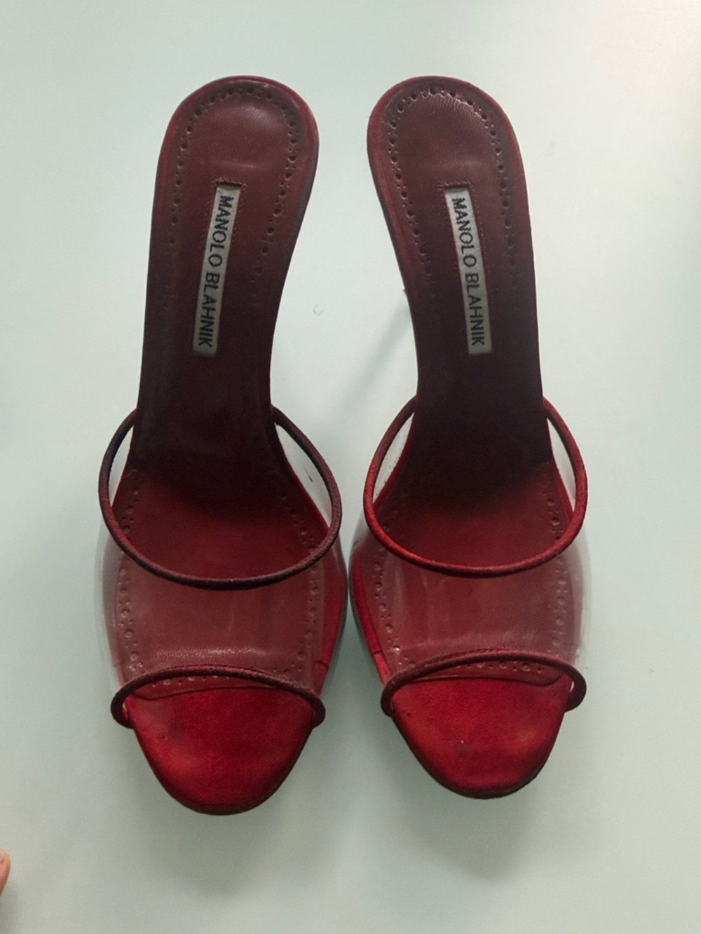 Manolo Blahnik Red Double-Strap Open-Toe Slide Mules with dust bag